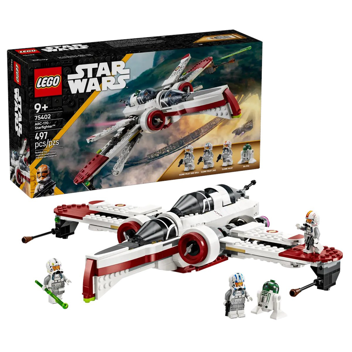 brickunited1's tweet image. The LEGO® STAR WARS™ ARC-170 Starfighter™ is your ticket to epic adventures. With 3 cockpits, adjustable wings, and 4 iconic characters, this 497-piece set is designed for Jedi masters aged 9 and up.  wix.to/OzBDcjI #StarWars #LEGO #BuildingFun