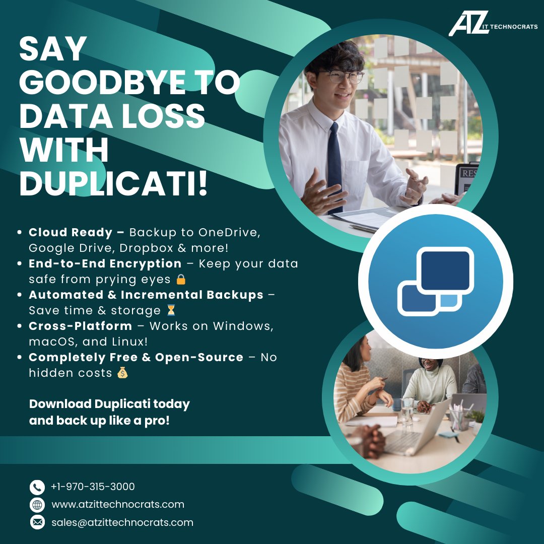 atz_it's tweet image. Say Goodbye to Data Loss with Duplicati!

• Cloud Ready
• End-to-End Encryption
• Automated &amp;amp; Incremental Backups
• Cross-Platform
• Completely Free &amp;amp; Open-Source

📞 +1-970-315-3000
🌐 atzittechnocrats.com
📧 sales@atzittechnocrats.com

#Duplicati #BackupSolution