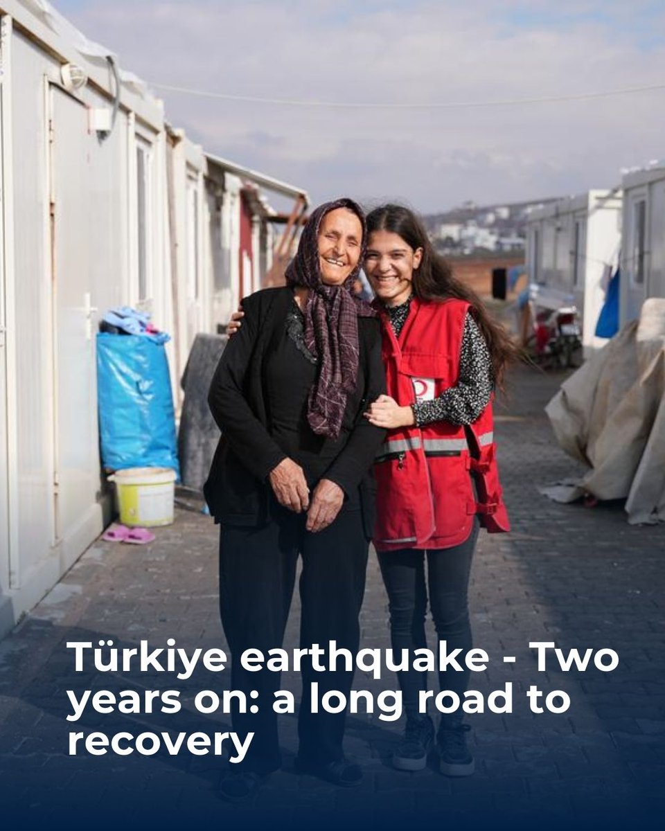 ifrc's tweet photo. In Türkiye, two years after the earthquake, hundreds of thousands of people are still in need of support. Many have lost their homes and livelihoods and are carrying the psychological burden of the disaster.

The Turkish @RedCrescent has been at the very heart and frontline of the response to the earthquakes since day one and will continue to support communities for many years to come, supported by the @IFRC network.