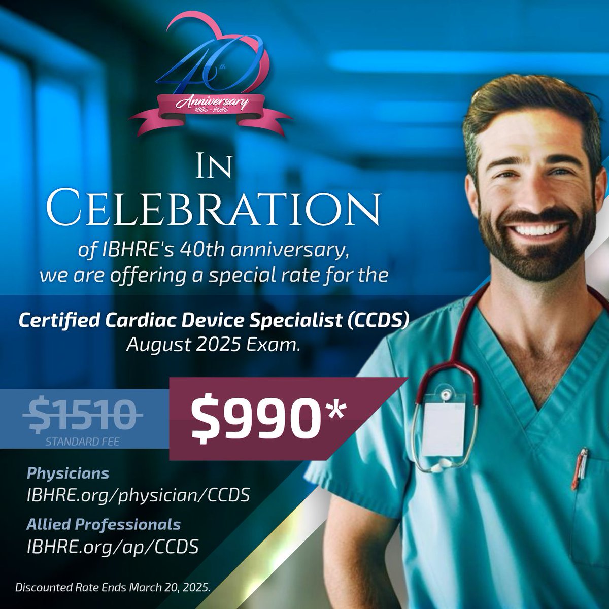 Don't Miss Out on the #IBHRE40 Anniversary Special! The $990 registration fee for the August CCDS exam goes away March 20th.  Register here ibhre.org/physician/ccds  ibhre.org/ap/ccds
<a href="/HRSonline/">Heart Rhythm Society</a> <a href="/escardio/">European Society of Cardiology</a> #cardiaccare #electrophysiology