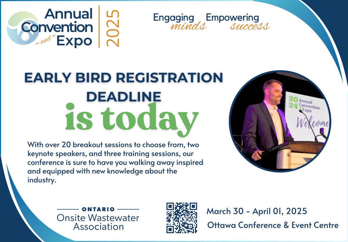 Early bird registration deadline for our upcoming #2025Convention is today at 11:59 p.m! Early bird registrations also get a free t-shirt at the Convention! Start your registration here buff.ly/3B3V0WF 

#oowaengagingmindsempoweringsuccess #ottawa2025 #wastewater