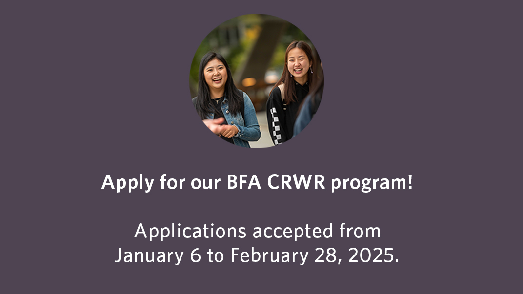 The application period for 2025/26 entry into our BFA program is open until February 28. Questions? We have a helpful information video along with application guidelines to help explain the process: creativewriting.ubc.ca/undergraduate/…. Let us know if you need assistance!