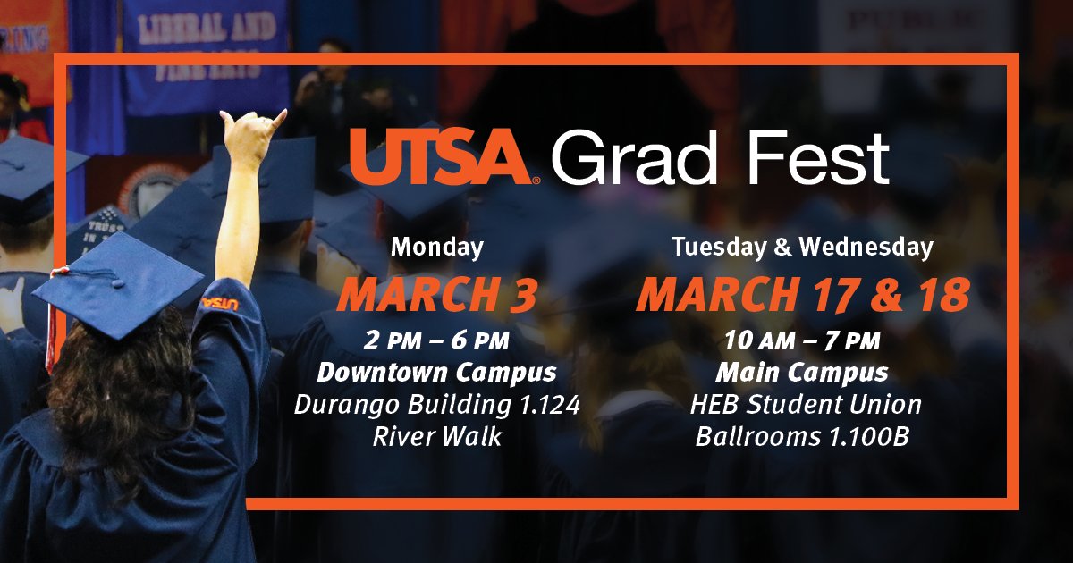 UTSAOneStop's tweet image. Are you graduating this spring? Attend #UTSAGradFest and get all your questions answered related to graduation and commencement! #UTSAGrad25 utsa.me/3Za5KKN