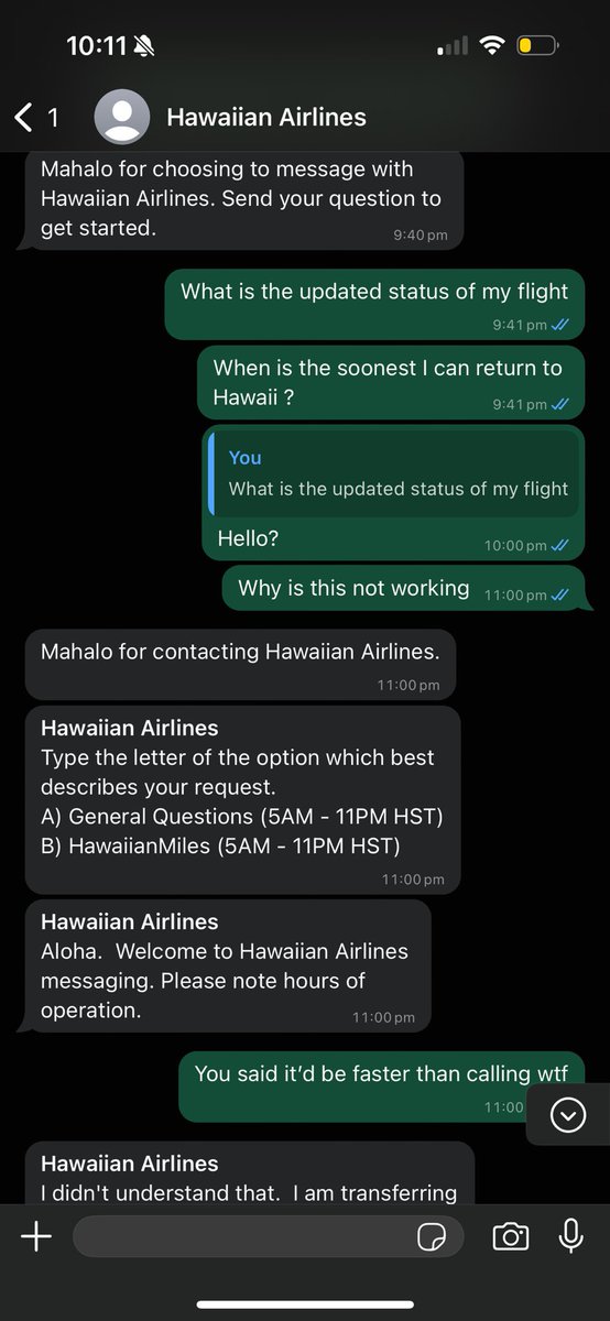 iRheeIrving's tweet photo. @HawaiianAir 2hrs 4min on the phone with Hawaiian but no one picked up… countless unanswered messages with your supposed chat communication… where was everyone? What are ppl supposed to do? https://t.co/EoLsj9EbG8