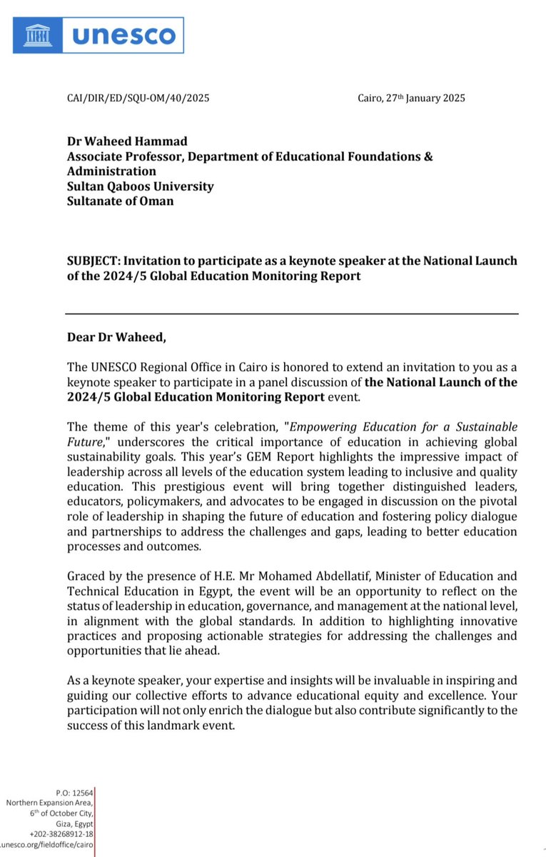 Delighted to receive this invitation from the UNESCO office in Cairo to participate in a panel discussion during the national launch of the 2024/5 Global Education Monitoring Report.