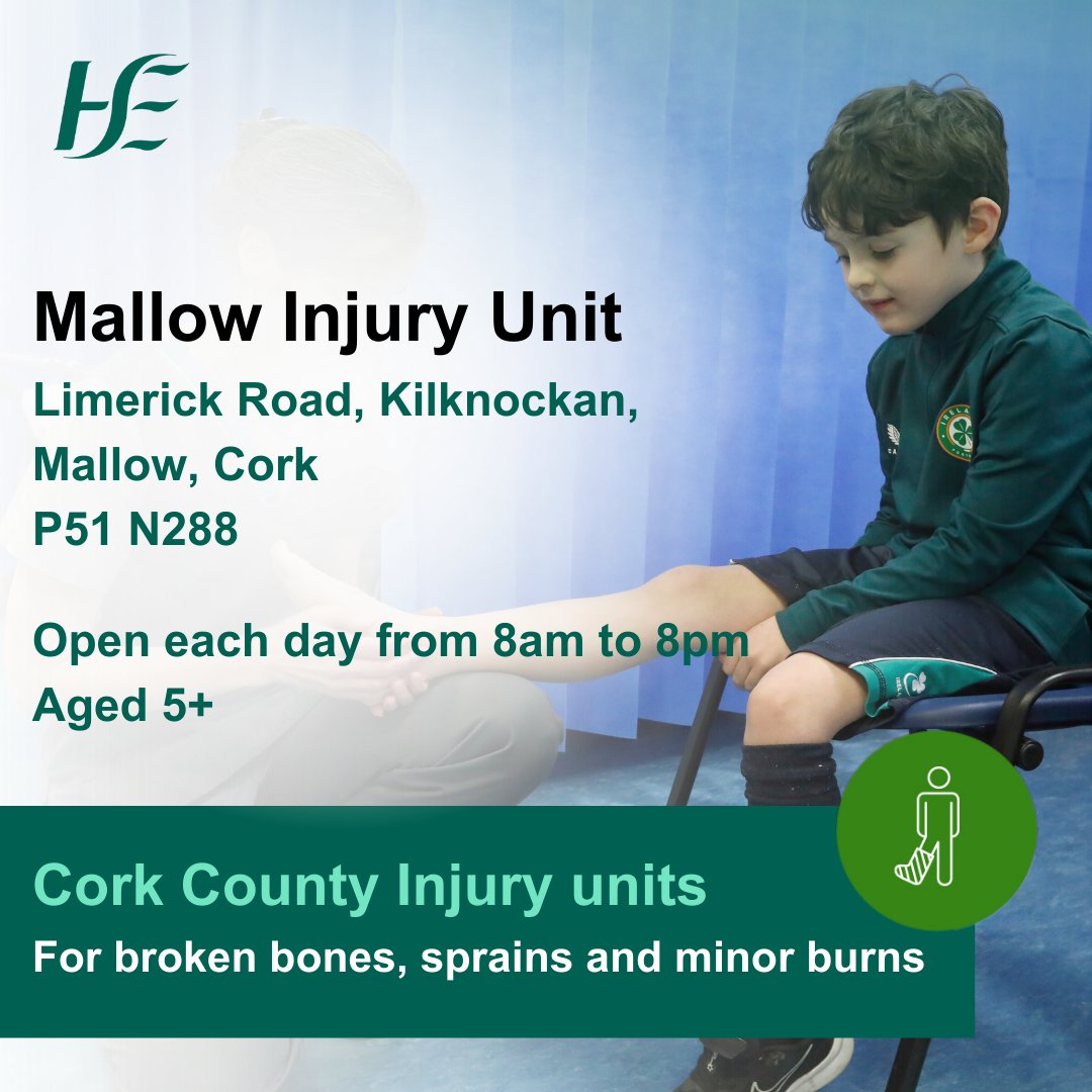 Cork Kerry Community Healthcare (@corkkerrych) on Twitter photo When care is needed, consider all options. Visit your local #InjuryUnit where you can be treated for broken bones, dislocations and minor burns
#InjuryUnits in Cork County:
📍Bantry
📍Mallow
💻ℹ️hse.ie/injuryunits When care is needed, consider all options. Visit your local #InjuryUnit where you can be treated for broken bones, dislocations and minor burns
#InjuryUnits in Cork County:
📍Bantry
📍Mallow
💻ℹ️hse.ie/injuryunits