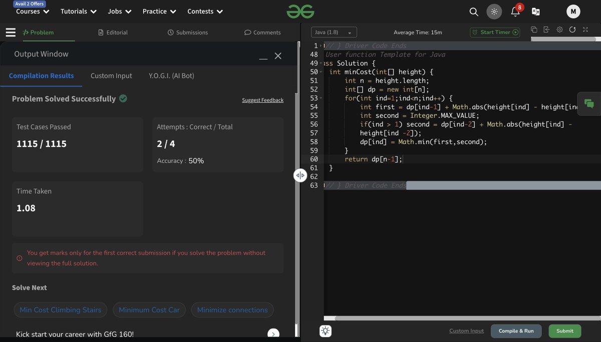 Mohd_Saqib_'s tweet photo. 🚀 Day 194 of #Coding 🚀

DSA Progress:

✅ Frog Jump (Using Memoization)
✅ Frog Jump (Using Tabulation)

#Day194 #Coding #DSA #DynamicProgramming #Memoization #Tabulation #LeetCode #Java #100daysofcode #180daysofcode #letsconnect #connect https://t.co/59bRkEEK0O
