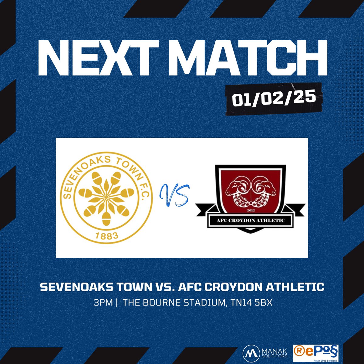 Sevenoaks Town FC (@sevenoakstownfc) on Twitter photo Come join us tomorrow! ⚽️
🗓️ Saturday 1st February 
🆚 AFC Croydon Athletic 
⌚️ 3pm
🏟️ The Bourne Stadium, TN14 5BX
🎫 Adults £10, Concessions £5, U18s £1 (Buy online to save money - eventbrite.co.uk/e/sevenoaks-to…)
🏆 Isthmian League South East 
🔵⚫️ | #Sevenoaks #STFC #IsthmianLeague Come join us tomorrow! ⚽️
🗓️ Saturday 1st February 
🆚 AFC Croydon Athletic 
⌚️ 3pm
🏟️ The Bourne Stadium, TN14 5BX
🎫 Adults £10, Concessions £5, U18s £1 (Buy online to save money - eventbrite.co.uk/e/sevenoaks-to…)
🏆 Isthmian League South East 
🔵⚫️ | #Sevenoaks #STFC #IsthmianLeague