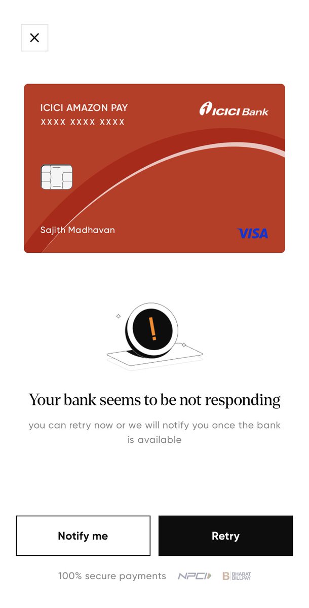 sajithm's tweet photo. Something seems to be wrong with the Amazon Pay ICICI Bank card. Unable to pay with @CRED_club or @amazonpay. Does not seem to be a temporary problem - was the same last month too. https://t.co/5xJ8glqrOK