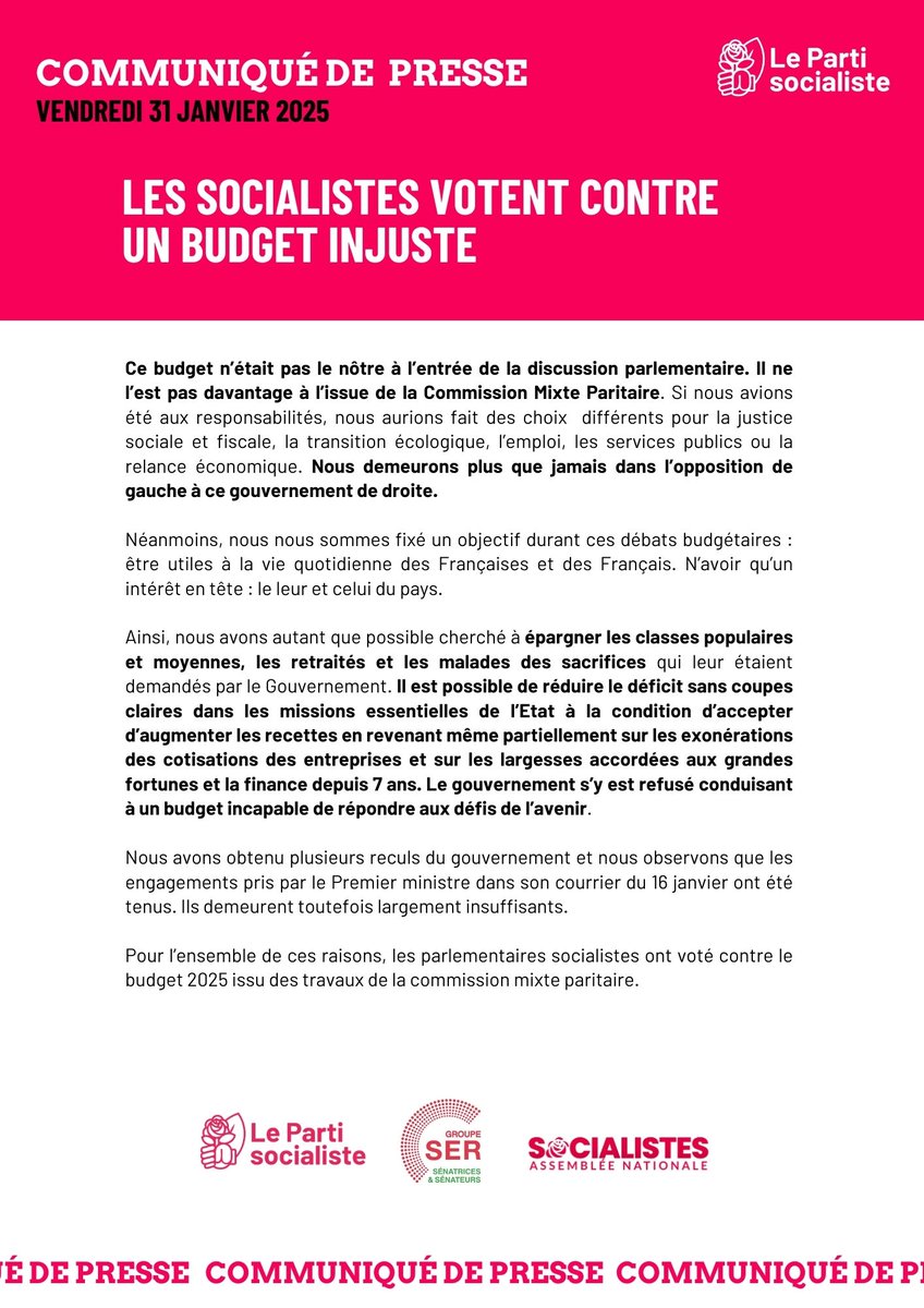 🔴 Communiqué de presse
Les socialistes votent contre un budget injuste
➡️ parti-socialiste.fr/les_socialiste…