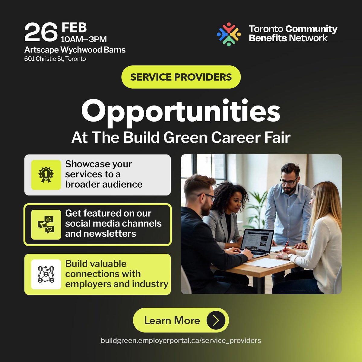 Service Providers - Explore the Opportunities at this year’s #BuildGreenCareerFair.

Join us Feb 26 to make an impact!

RSVP: buildgreen.employerportal.ca/service_provid…

In partnership with <a href="/ACCESEmployment/">ACCES Employment</a> , <a href="/AtmosphericFund/">The Atmospheric Fund</a> , <a href="/LEF_TO/">The Learning Enrichment Foundation</a> , and <a href="/LabourEduCentre/">Labour Education Centre</a> 

#communitybenefits #greenconstruction