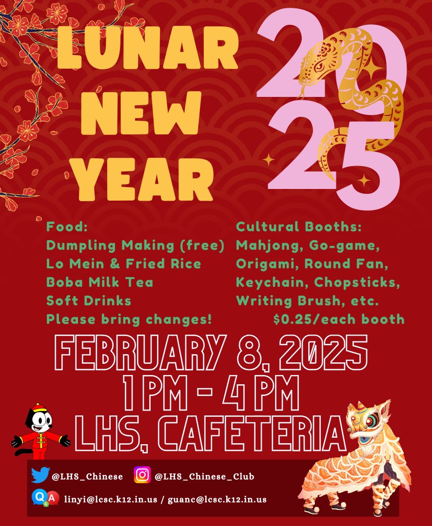 Join us on Feb 8th, 2025 at the LHS cafeteria from 1-4PM to celebrate the year of the snake.