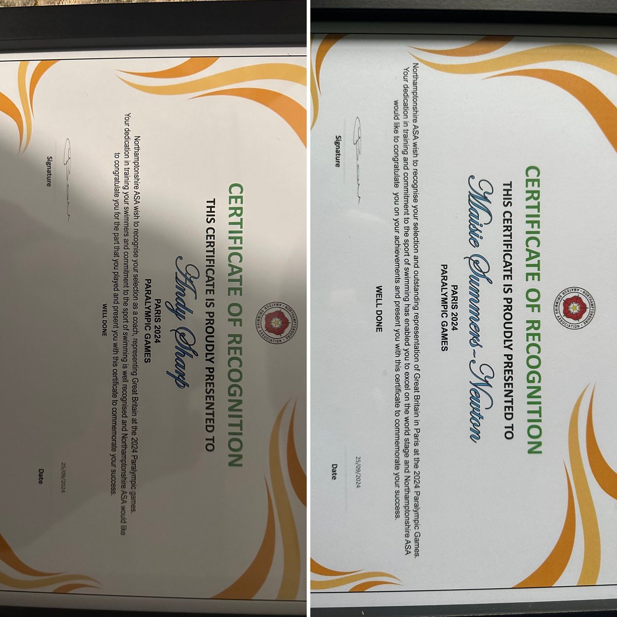 NSC_Swim's tweet photo. Last week our Paralympic athletes and coach were presented with a certificate of recognition from the @NorthantsASA for their selections for @ParalympicsGB for the @Paralympics in Paris #teamarenauk https://t.co/NDLG3HkY4j