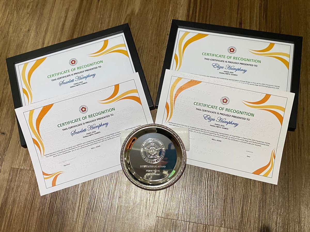 NSC_Swim's tweet photo. Last week our Paralympic athletes and coach were presented with a certificate of recognition from the @NorthantsASA for their selections for @ParalympicsGB for the @Paralympics in Paris #teamarenauk https://t.co/NDLG3HkY4j