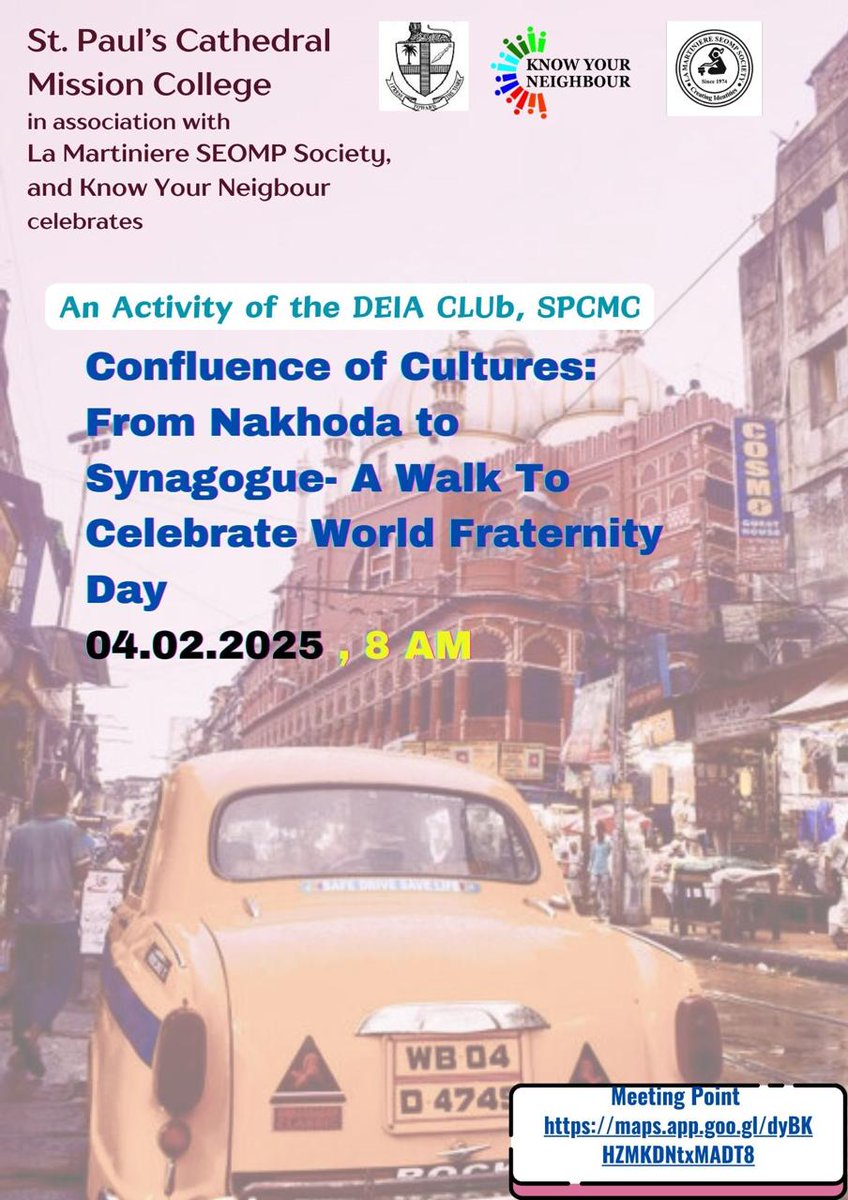 Know Your Neighbour (@kynbengal) on Twitter photo Experience Kolkata's cultural mosaic!
Join our heritage walk from Nakhoda to Synagogue
๐
Feb 4, 2025 | โฐ 8 AM
Celebrate #WorldFraternityDay with stories of harmony & heritage. Organized by <a href="/StPaulsMission/">StPaulsMission</a>, @LaMartiniereSEOMP Society with <a href="/KYNBengal/">Know Your Neighbour</a>
#ConfluenceOfCultures Experience Kolkata's cultural mosaic!
Join our heritage walk from Nakhoda to Synagogue
๐
Feb 4, 2025 | โฐ 8 AM
Celebrate #WorldFraternityDay with stories of harmony & heritage. Organized by <a href="/StPaulsMission/">StPaulsMission</a>, @LaMartiniereSEOMP Society with <a href="/KYNBengal/">Know Your Neighbour</a>
#ConfluenceOfCultures