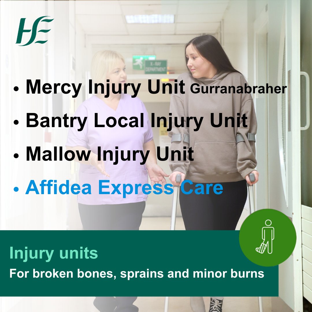 Cork Kerry Community Healthcare (@corkkerrych) on Twitter photo When care is needed, consider all options. Visit your local #InjuryUnit where you can be treated for broken bones, dislocations and minor burns
#InjuryUnits in Cork City and County:
📍The Mercy (Gurranabraher)
📍Affidea
📍Bantry
📍Mallow
💻ℹ️hse.ie/injuryunits When care is needed, consider all options. Visit your local #InjuryUnit where you can be treated for broken bones, dislocations and minor burns
#InjuryUnits in Cork City and County:
📍The Mercy (Gurranabraher)
📍Affidea
📍Bantry
📍Mallow
💻ℹ️hse.ie/injuryunits