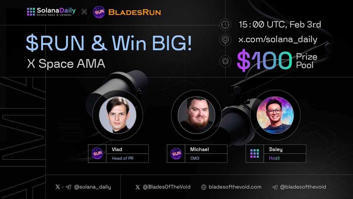 Join our AMA with <a href="/BladesOfTheVoid/">Blades of the Void</a>  - $RUN and WIN BIG! 

📍 Listen here: x.com/i/spaces/1BdGY…

🗓 Date: Feb 3rd, 15:00 UTC

💵$100 #Giveaways ⬇️

1️⃣ Follow <a href="/BladesOfTheVoid/">Blades of the Void</a> 
2️⃣ Ask questions on X!
3️⃣ Like &amp; RT

#Sponsored