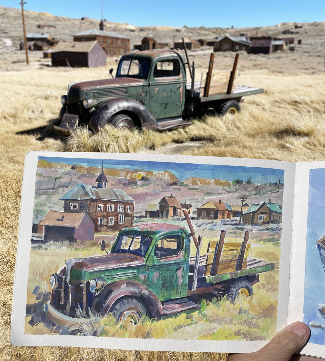 garygeraths's tweet image. Up at Bodie, California, a wonderful little mining ghost town. Wandering and painting in that harsh alpine light and getting fried in the late afternoon sun. Gouache in a Etchr sketchbook