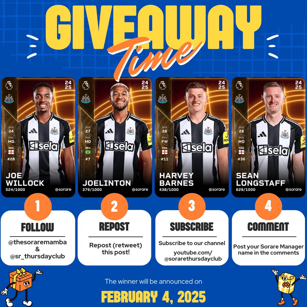 🎊GIVEAWAY TIME🎊

Joelinton &amp; Geordie Friends as promised on the podcast this week…

4 Steps To Enter👇🏻 

📝 Follow: <a href="/TheSorareMamba/">Ricky T</a> &amp; <a href="/SR_ThursdayClub/">Sorare Thursday Club</a> 

♻️ Repost (Retweet)

🤳Subscribe: youtube.com/@sorarethursda…

💻 Comment: Your Sorare Manager name below ⬇️