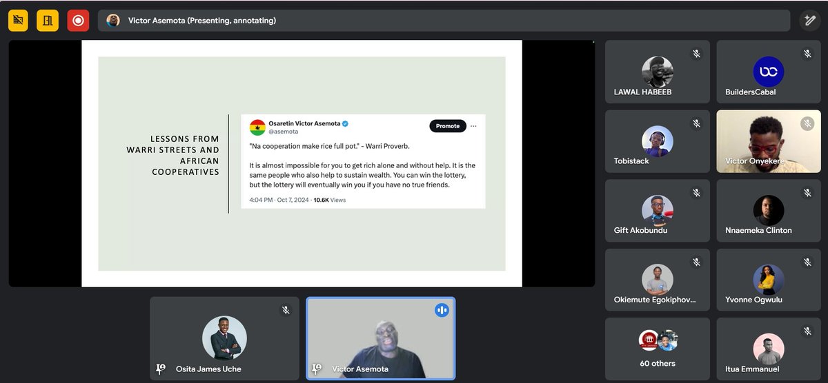 🎤 Victor Asemota (<a href="/asemota/">Osaretin Victor Asemota</a>) is in the house! 🎤

Dropping wisdom on how Collaboration &amp; Co-Creation fuel growth in the African startup ecosystem. If you're not here, you're missing out! 💡🚀

#builderscabal #BCVL