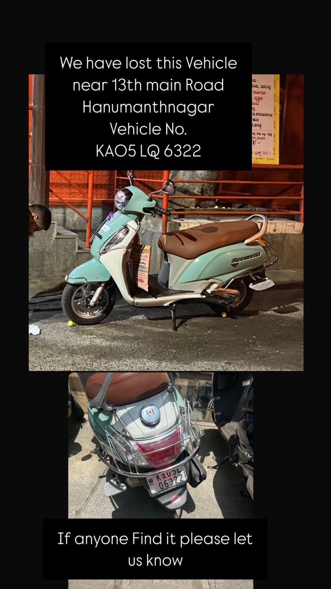 pooja9060's tweet photo. A person has stolen my vehicle in day time 10.50 am to 11.00 am 31/1/2024 
Seeking help from @blrcitytraffic @PoliceBangalore 
Address 13th Main Road, Hanumanthnagar 
Vehicle no. KA 05 LQ 6322 https://t.co/AXhRocilUB