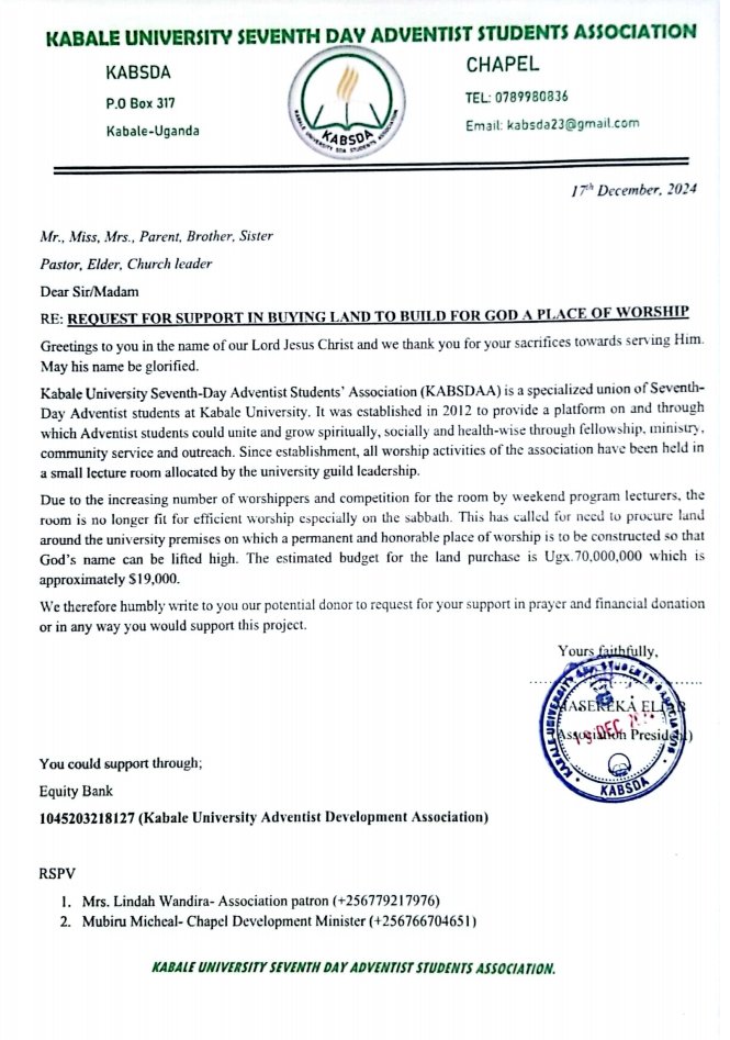 Kindly support this project for God's glory to be manifested in Kabale and Kigezi at large.
Thank you!