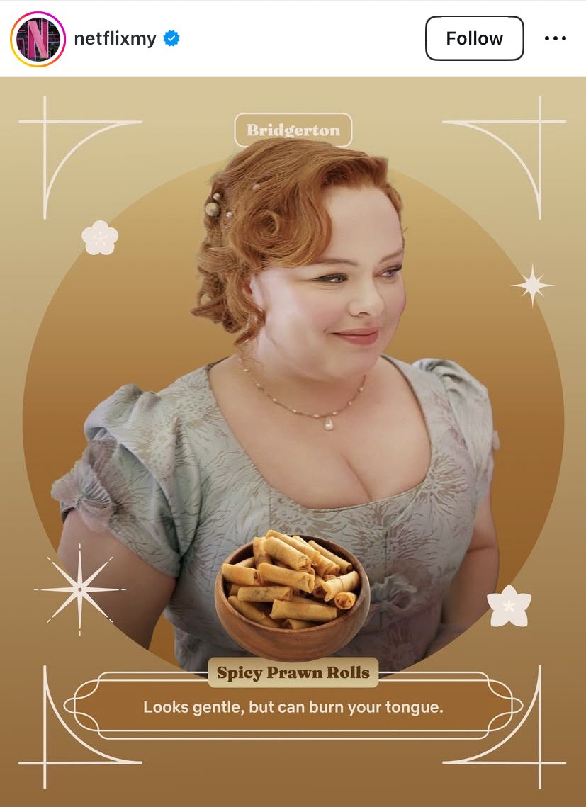 CoughlanBase's tweet photo. Netflixmy posts Nicola Coughlan(Penelope) via Instagram.📲

“Spicy Prawn Rolls”
“Looks gentle, but can burn your tongue” https://t.co/VisQW6afYy