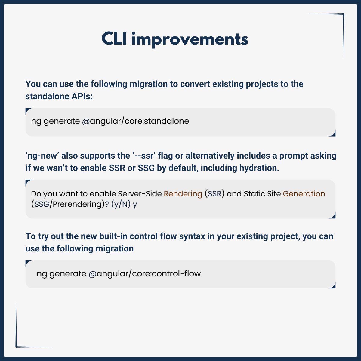 HouseOfAngular's tweet image. #Angular17 introduces significant updates to the CLI, focusing on modern defaults, efficiency, and easier access to advanced features. Check the details in the image below 👇 
📚 Learn more about improvements in each Angular version in our free ebook -> buff.ly/3PZvbLu.