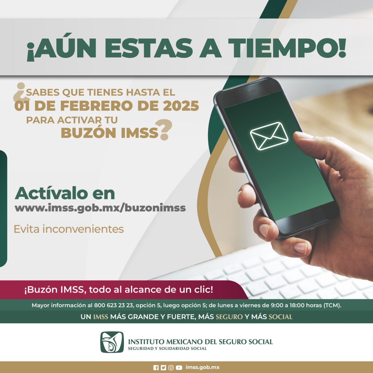 📢 ¡Activa tu #BuzónIMSS hoy mismo! 📪

➡️Accede de forma ✅ fácil, ✅ segura y ✅ disponible las 24/7, los 365 días del año. 
✨Simplifica trámites y recibe aclaraciones y orientación en línea al instante.💻

🤔 ¿Tienes dudas? Consulta toda la información, aquí: 👉🏼