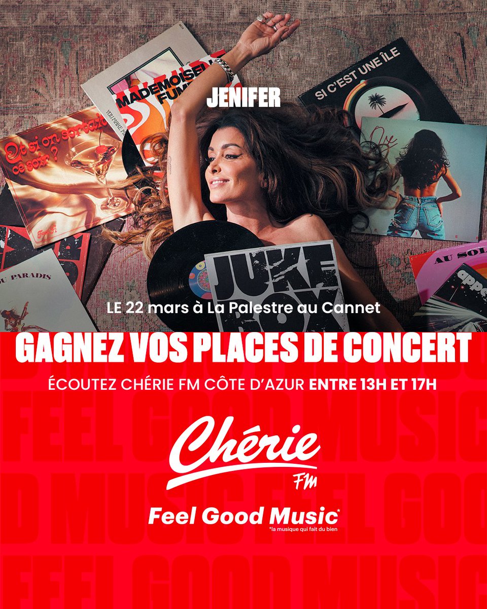 Chérie FM vous invite au concert de Jenifer le 22 mars à <a href="/La_Palestre/">La Palestre</a> au Cannet 😍🎶
Toute la journée, écoutez Chérie FM Côte d’Azur pour gagner vos places🎁🎶

✅️ Prévenez vos amis fans de #JENIFER ✨️

Jenifer en tournée avec CHERIE FM, Feel Good Music !