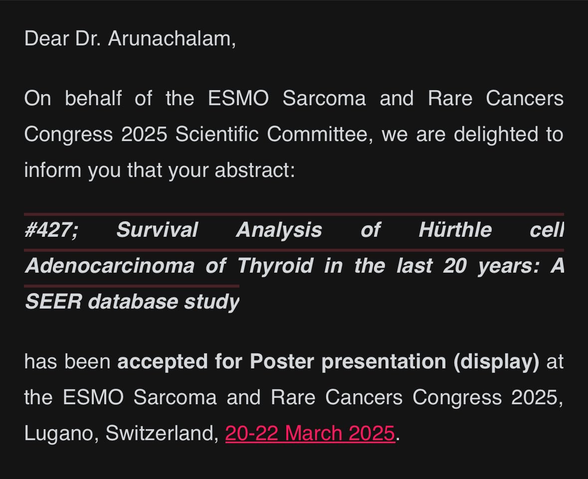 Thrilled that two of my abstracts have been selected for poster and mini oral presentation at <a href="/myESMO/">ESMO - Eur. Oncology</a> Sarcoma &amp; Rare Cancer Congress 2025!

Grateful for the opportunity!

#ESMO #RareCancers #CancerResearch