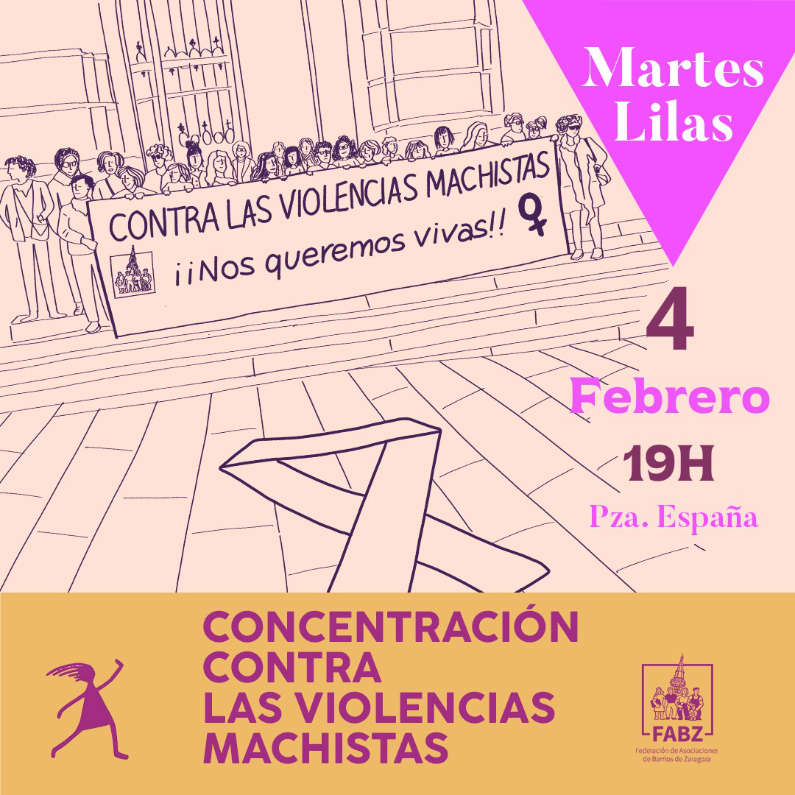Mañana,  4 de febrero, os esperamos en la plaza de España, a las 19:00 horas, para seguir denunciando las violencias machistas, y reclamando implicación, educación y prevención en una nueva edición de los Martes Lilas.

<a href="/mujerfabz/">Comisión Mujer FABZ</a> 

fabz.es/event/martes-l…