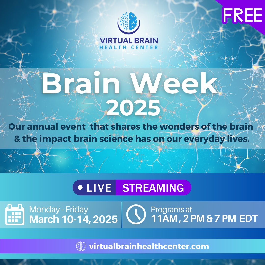 Virtual Brain Health Center (@virtualbrainctr) on Twitter photo 🧠 Join us for Brain Week 2025, March 10-14! 14 free events featuring 19 #BrainHealth experts—exploring holistic brain care for everyone. Open to individuals & groups. ➡️ Register now: virtualbrainhealthcenter.com/brain-week-202… <a href="/dana_fdn/">Dana Foundation🧠</a> <a href="/IBROorg/">IBRO - International Brain Research Organization</a> <a href="/GBHI_Fellows/">Global Brain Health Institute</a> <a href="/atlanticfellows/">Atlantic Fellows</a> <a href="/DrKrystalCuller/">Dr. Krystal L. Culler, DBH, MA</a> 🧠 Join us for Brain Week 2025, March 10-14! 14 free events featuring 19 #BrainHealth experts—exploring holistic brain care for everyone. Open to individuals & groups. ➡️ Register now: virtualbrainhealthcenter.com/brain-week-202… <a href="/dana_fdn/">Dana Foundation🧠</a> <a href="/IBROorg/">IBRO - International Brain Research Organization</a> <a href="/GBHI_Fellows/">Global Brain Health Institute</a> <a href="/atlanticfellows/">Atlantic Fellows</a> <a href="/DrKrystalCuller/">Dr. Krystal L. Culler, DBH, MA</a>