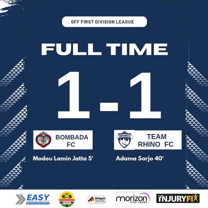 ⏰ 𝗙𝗨𝗟𝗟-𝗧𝗜𝗠𝗘: 𝗕𝗼𝗺𝗯𝗮𝗱𝗮 𝗙𝗖 𝟭-𝟭 𝗧𝗲𝗮𝗺 𝗥𝗵𝗶𝗻𝗼 𝗙𝗖

A hard-fought battle saw us earn a point on the road. Modou Lamin Jatta gave Bombada the lead early, but Adama Sarjo’s goal brought us level before halftime.

We keep pushing forward.

#LeadingTheCharge