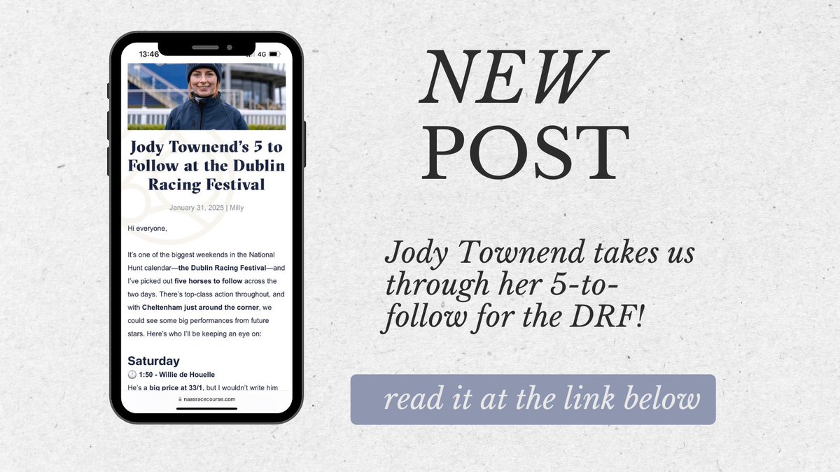 🏇 Jody Townend’s 5 to Follow at #DRF! 🎯

Naas-sponsored jockey <a href="/JodyT97/">Jody Townend</a>  has picked out five horses to watch this weekend at the Dublin Racing Festival <a href="/LeopardstownRC/">Leopardstown RC</a> 👀

Get her tips below⬇️

🔗 naasracecourse.com/jody-townends-…

  #DublinRacingFestival #5ToFollow