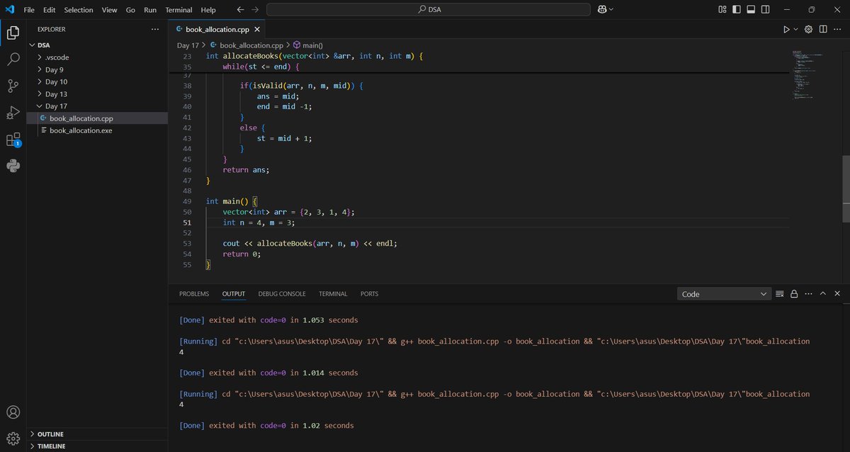 albion_codes's tweet photo. Day 17 of pursuing DSA 
Understood the the Book allocation problem using Binary Search . The most challenging question I had come across till now. Had a difficult time solving this question and in the handling of edge cases. 
#DSA #CodingJourney #LearnInPublic #consistency https://t.co/dGazTcxul2