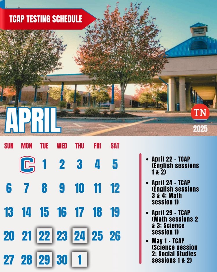📚 TCAP TESTING 2025📚
👇
•April 22: English (Part 1 &amp; 2)
•April 24: English (Part 3 &amp; 4); Math (Part 1)
•April 29: Math (Part2 &amp; 3); Science (Part 1)
•May 1: Science (Part 2); Social Studies (Part 1)
👇
❗️ Important: No checkouts will be allowed during testing.