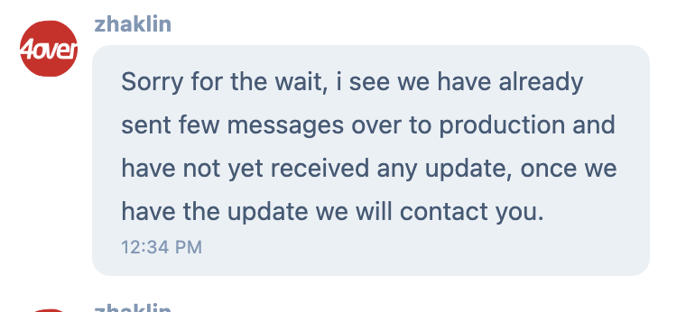 randyvaughn6's tweet photo. @4over - your customer service team cannot seem to reach the production facility. I've been waiting for 2 days for an update on an order that is 4 days late. Help! https://t.co/RzJeXGngOy