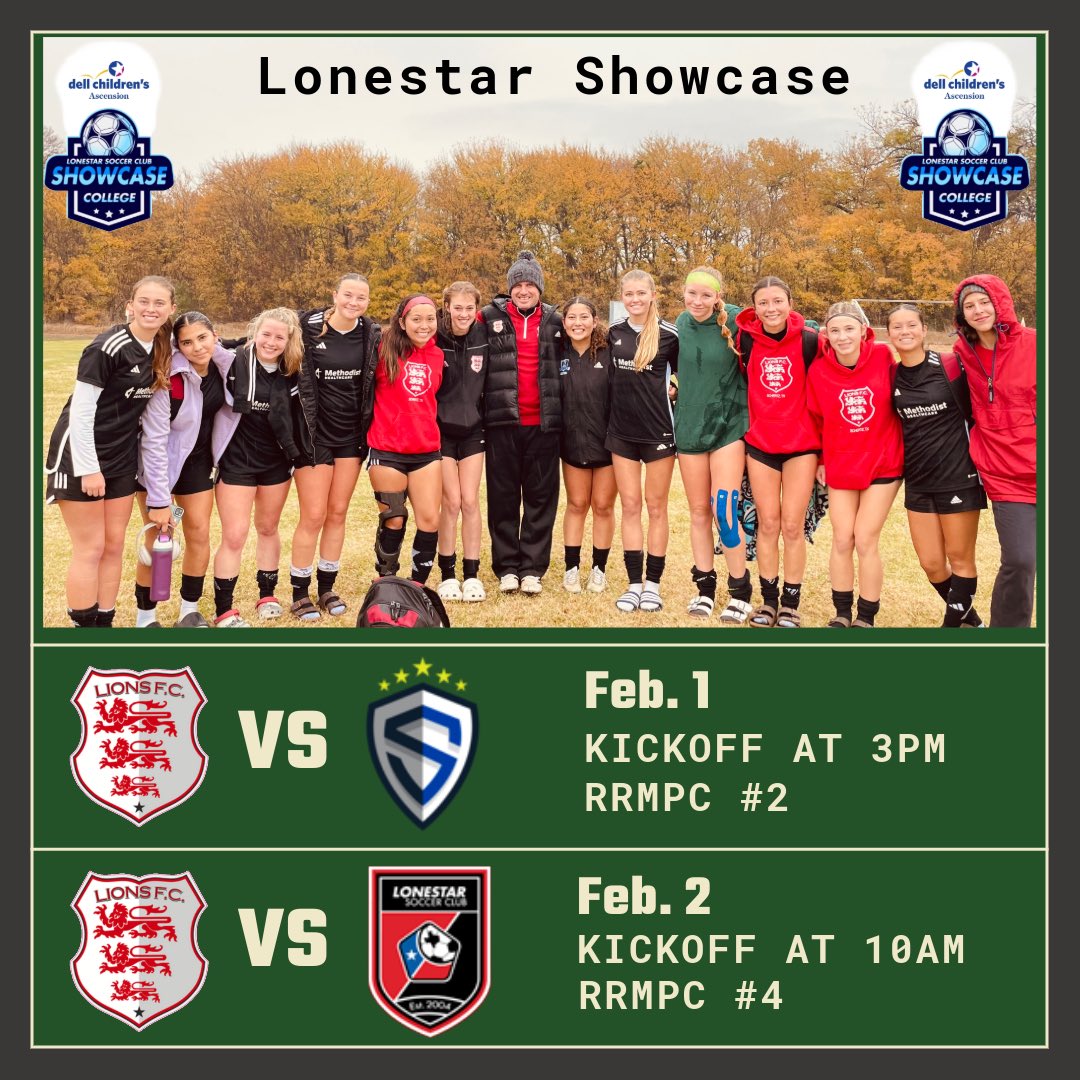 Heading up to Round Rock this weekend for the annual Lonestar College Showcase. Last showcase event with our Seniors 🥹Come out and watch, we won’t disappoint! Our 2026 class is primed and ready. <a href="/PrideGutsGlory/">Lions Futball Club</a> <a href="/6a_28/">SA High School & Club Soccer</a> <a href="/LonestarSC/">Lonestar Soccer Club ⚽️</a>