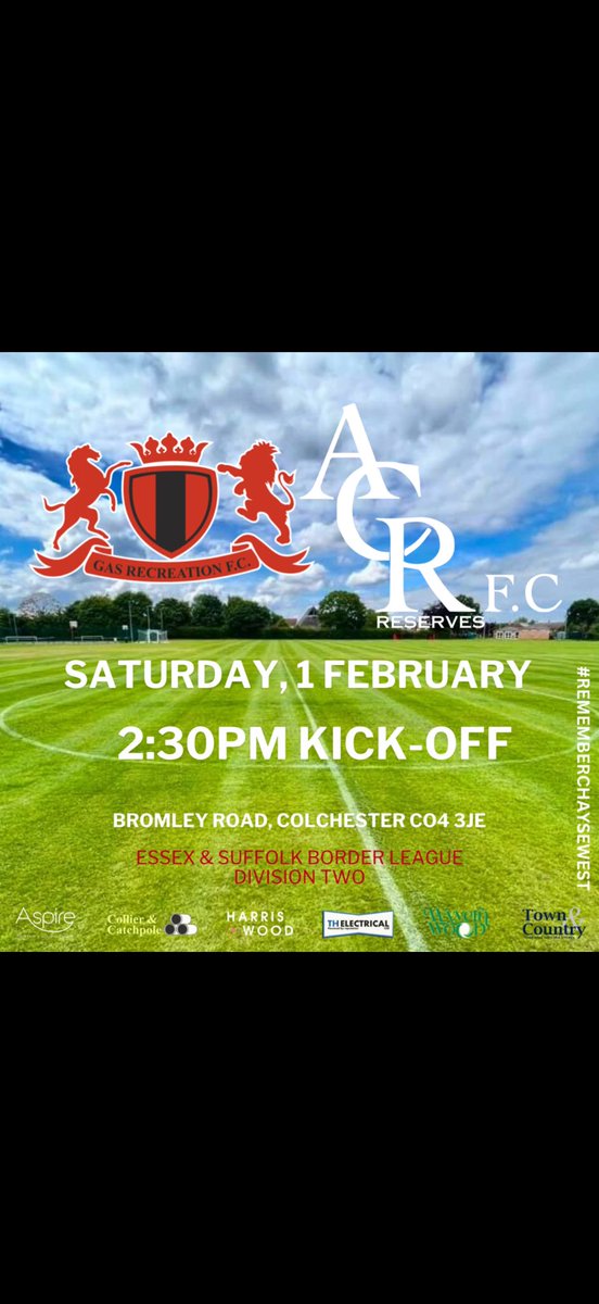 𝐔𝐩 𝐧𝐞𝐱𝐭 !

Tomorrow we travel to <a href="/GasRecFC/">🏆🏆Gas Recreation FC🏆🏆</a> in a 7th vs 8th battle.
Prior meetings have always been hard thought games for the lads so I’m sure this one will make for another competitive tie.

⏰2:30 ko
🏆<a href="/E_SBorderLeague/">Essex & Suffolk Border League</a> div 2 
📍Bromley road

#ACR
#REMEMBERCHAYSEWEST
