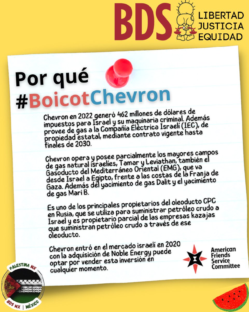 palestina_mx's tweet photo. #BoicotChevron súmate -> 
https://t.co/1qdfyZBiih
#RTAyuda   nuestras redes https://t.co/WQJZKsvnR5 sigue:  el genocidio, la ocupación, el apartheid,  ilegal bloqueo a Gaza y el no respeto al derecho a retorno #MéxicoConPalestina https://t.co/ZE4aaEPO3C