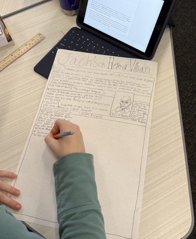 FSMSChargers's tweet photo. In 8th grade history, students are reviewing Andrew Jackson's presidency by creating a one-pager ✍️ highlighting the key events 📜 and significant themes ⭐ of his time in office. #ChargerLearn https://t.co/bYucYnSCoh