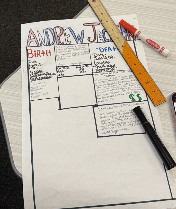 FSMSChargers's tweet photo. In 8th grade history, students are reviewing Andrew Jackson's presidency by creating a one-pager ✍️ highlighting the key events 📜 and significant themes ⭐ of his time in office. #ChargerLearn https://t.co/bYucYnSCoh