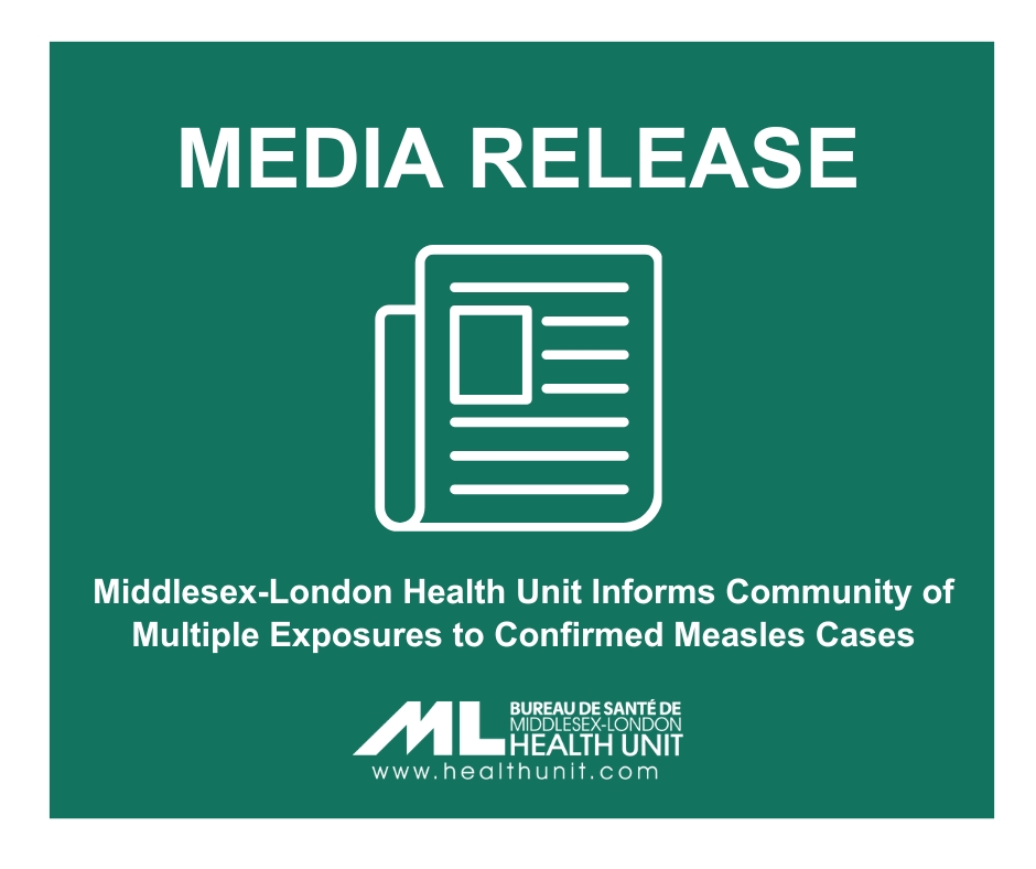 MLHealthUnit's tweet photo. The Middlesex-London Health Unit is informing members of the community that there have been multiple exposures to confirmed cases of measles at both London Health Sciences Centre and Strathroy Middlesex General Hospital this week.

𝗟𝝾𝗰𝗮𝘁𝗶𝝾𝗻 𝗮𝗻𝗱 𝗧𝗶𝗺𝗲 𝝾𝗳 𝗘𝘅𝗽𝝾𝘀𝘂𝗿𝗲𝘀

𝗝𝗮𝗻𝘂𝗮𝗿𝘆 19, 2025
•Strathroy Middlesex General Hospital, Emergency Department, 9:10 pm – 11:10 pm

𝗝𝗮𝗻𝘂𝗮𝗿𝘆 23, 2025
•Strathroy Middlesex General Hospital, Emergency Department, 3:45 pm – 8:15 pm

𝗝𝗮𝗻𝘂𝗮𝗿𝘆 24/𝗝𝗮𝗻𝘂𝗮𝗿𝘆 25, 2025 (𝝾𝘃𝗲𝗿𝗻𝗶𝗴𝗵𝘁)
•Children’s Hospital, Pediatric Emergency Department, Waiting Room, 8:30 pm - midnight
•Children’s Hospital, Pediatric Emergency Department, 8:45 pm – 3:00 am

𝗝𝗮𝗻𝘂𝗮𝗿𝘆 28, 2025
•Children’s Hospital, Pediatric Emergency Department, Waiting Room: 10:00 am – 2:45 pm
•Children’s Hospital Pediatric Emergency Department, 11:20 am – 3:30 pm

Read the full media release here: https://t.co/LcbRRPsMJF

For additional information about measles, including signs and symptoms, how it spreads, and how it can be prevented, visit https://t.co/vvXMNIoeNu