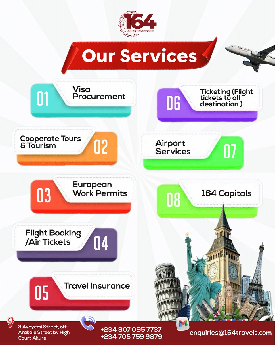 Seamless travel planning with 164 Travels. From visa procurement to airport assistance, we've got you covered.

Contact us at 3 Ayeyemi Street, by High Court, off Arakale, Akure | +234 807 095 7737 | enquiries@164travels.com

#heleners #ThisMorning #TravelGoals #164travels