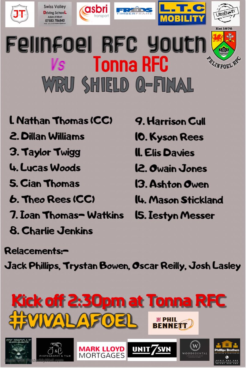 Team announcement for tomorrow’s game…… #vivalafoel #youthrugbyrising
<a href="/vivalafoel/">Felinfoel RFC Minis & Juniors</a> 
🖤🖤🖤🖤🖤🖤🖤🖤🖤🖤🖤🖤🖤
