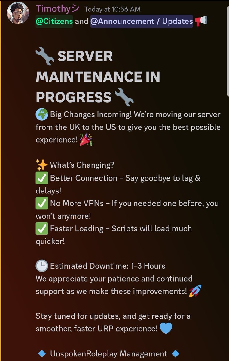BIG NEWS we're moving our server back locally to give players the best experience possible! Stay tuned for coming updates #FiveM #GTARP #Rockstar #Rockstargames #GTA #roleplay #UnspokenRoleplay #Twitch #TwitchTV #TwitchStreamers #SmallStreamersCommunity #GrandTheftAuto #pcgaming