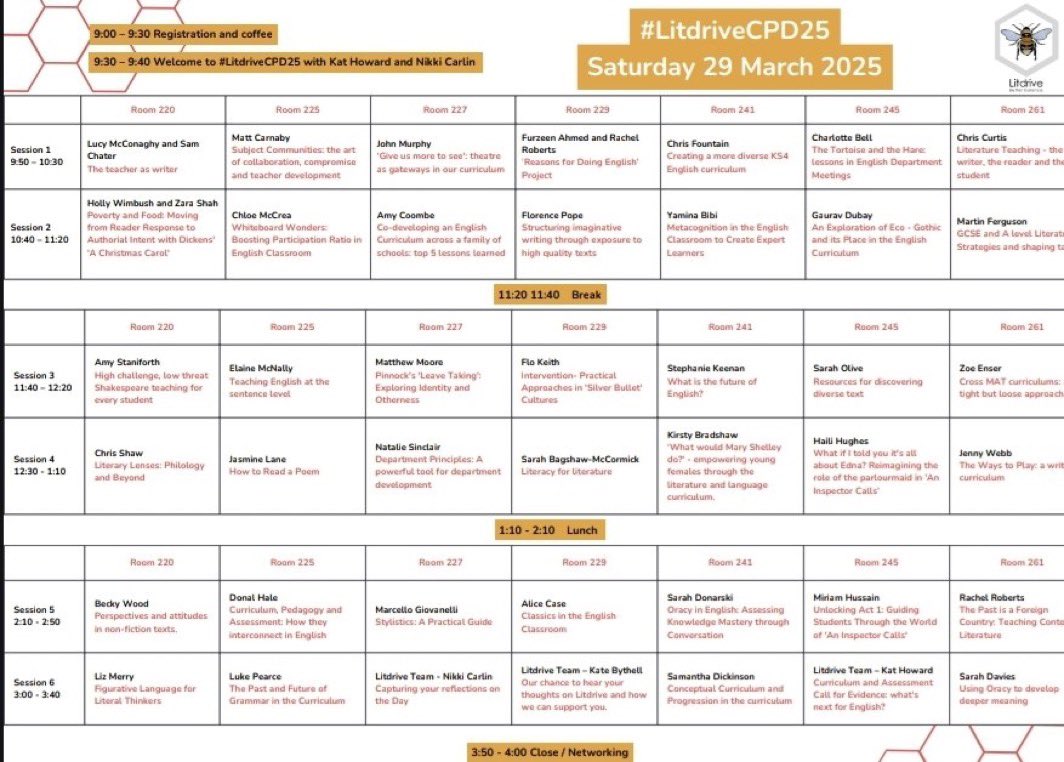 Miriam Hussain (@miriamhussain_) on Twitter photo Really looking forward to speaking at the National Conference for <a href="/LitdriveUK/">Litdrive UK</a>. Timetable 👇. My session will be on Act 1 of ‘An Inspection Calls’. I’ll be speaking session five in room 245 alongside <a href="/HaleDonal/">Donal Hale</a> <a href="/FunkyPedagogy/">Jennifer Webb</a> <a href="/HughesHaili/">Dr Haili Hughes FRSA</a> <a href="/teachals/">Amy Staniforth</a> <a href="/Xris32/">Chris Curtis</a>
<a href="/Team_English1/">Team English</a> 📚✍🏻🌟 Really looking forward to speaking at the National Conference for <a href="/LitdriveUK/">Litdrive UK</a>. Timetable 👇. My session will be on Act 1 of ‘An Inspection Calls’. I’ll be speaking session five in room 245 alongside <a href="/HaleDonal/">Donal Hale</a> <a href="/FunkyPedagogy/">Jennifer Webb</a> <a href="/HughesHaili/">Dr Haili Hughes FRSA</a> <a href="/teachals/">Amy Staniforth</a> <a href="/Xris32/">Chris Curtis</a>
<a href="/Team_English1/">Team English</a> 📚✍🏻🌟