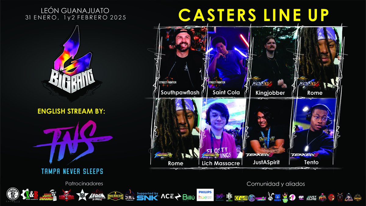 Big Bang (@bigbangtorneo) on Twitter photo Excited for this weekend! Even more for sunday when we will have <a href="/TampaNeverSleep/">Tampa Never Sleeps</a> as our english co-broadcaster for the tournament finals. We thank <a href="/KingJobber/">TNS | KingJobber</a> <a href="/saintcola/">SeinMohdNoor</a> @JustASpirit <a href="/Tento4_/">TNS | Tent @ CEO 2025</a> <a href="/Romulus_Himself/">TNS | Rome_Himself</a> <a href="/Lichmassacre/">Lich King KOF</a> & <a href="/southpawflash/">TNS southpaw flash</a> for being part of Big Bang 6 Excited for this weekend! Even more for sunday when we will have <a href="/TampaNeverSleep/">Tampa Never Sleeps</a> as our english co-broadcaster for the tournament finals. We thank <a href="/KingJobber/">TNS | KingJobber</a> <a href="/saintcola/">SeinMohdNoor</a> @JustASpirit <a href="/Tento4_/">TNS | Tent @ CEO 2025</a> <a href="/Romulus_Himself/">TNS | Rome_Himself</a> <a href="/Lichmassacre/">Lich King KOF</a> & <a href="/southpawflash/">TNS southpaw flash</a> for being part of Big Bang 6