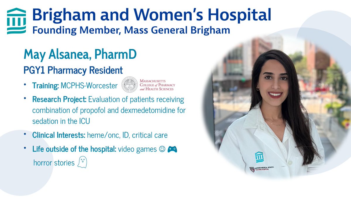 Brigham and Women’s (BWH) Pharmacy Department (@brighampharmacy) on Twitter photo Meet <a href="/May_Alsanea/">May Alsanea</a>, one of our wonderful PGY1 residents. May serves on the Pharmacy Morbidity and Mortality Committee and is instrumental to organizing grand rounds! #PharmRes #TwitteRx Meet <a href="/May_Alsanea/">May Alsanea</a>, one of our wonderful PGY1 residents. May serves on the Pharmacy Morbidity and Mortality Committee and is instrumental to organizing grand rounds! #PharmRes #TwitteRx